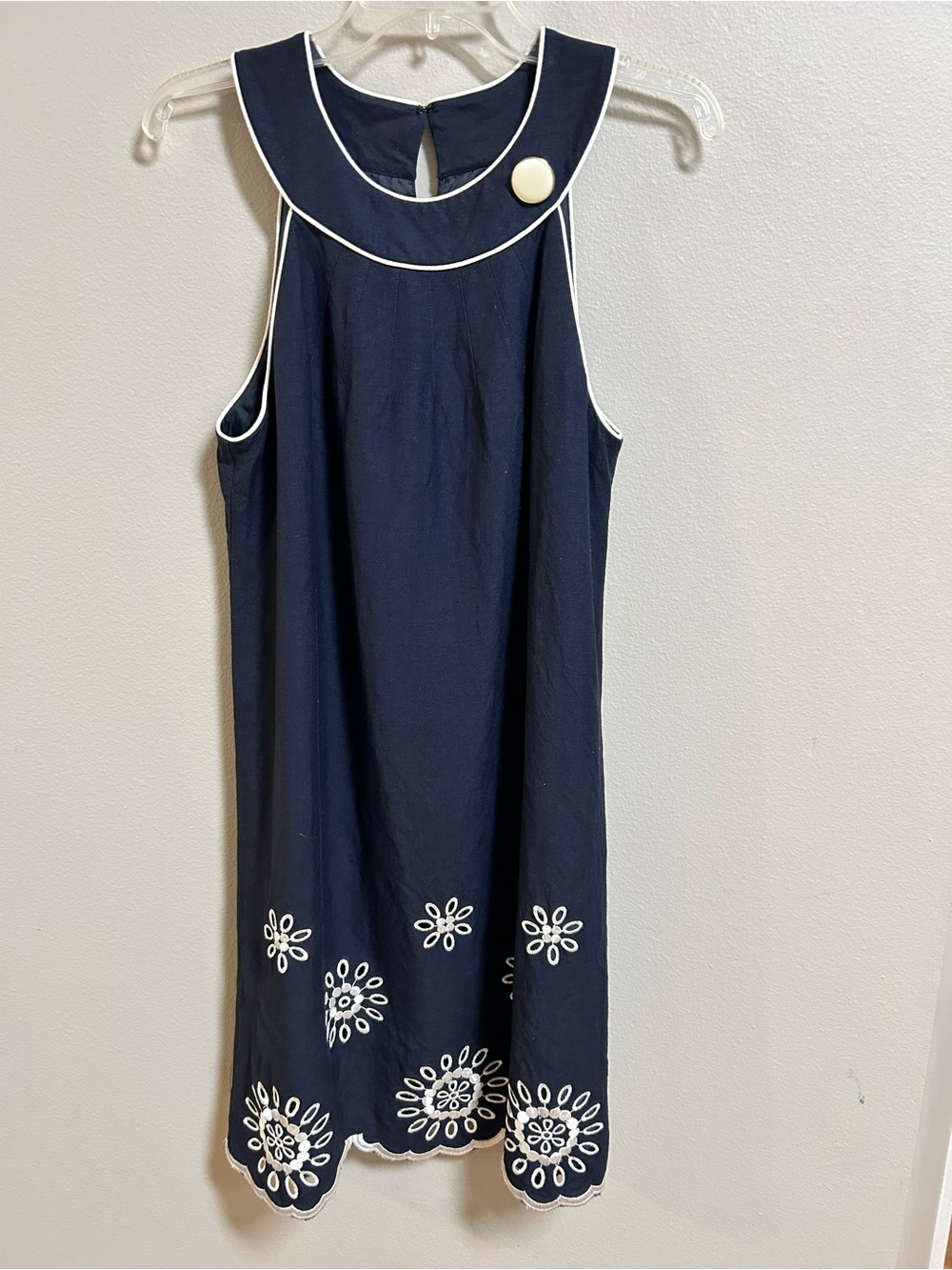 Jessica Howard Dress 12 Navy Linen Blend Sleeveless Embroidered Eyelet Shift